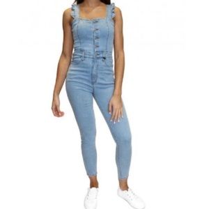 Almost Famous Juniors' Ruffle-Strap Skinny Denim Overalls